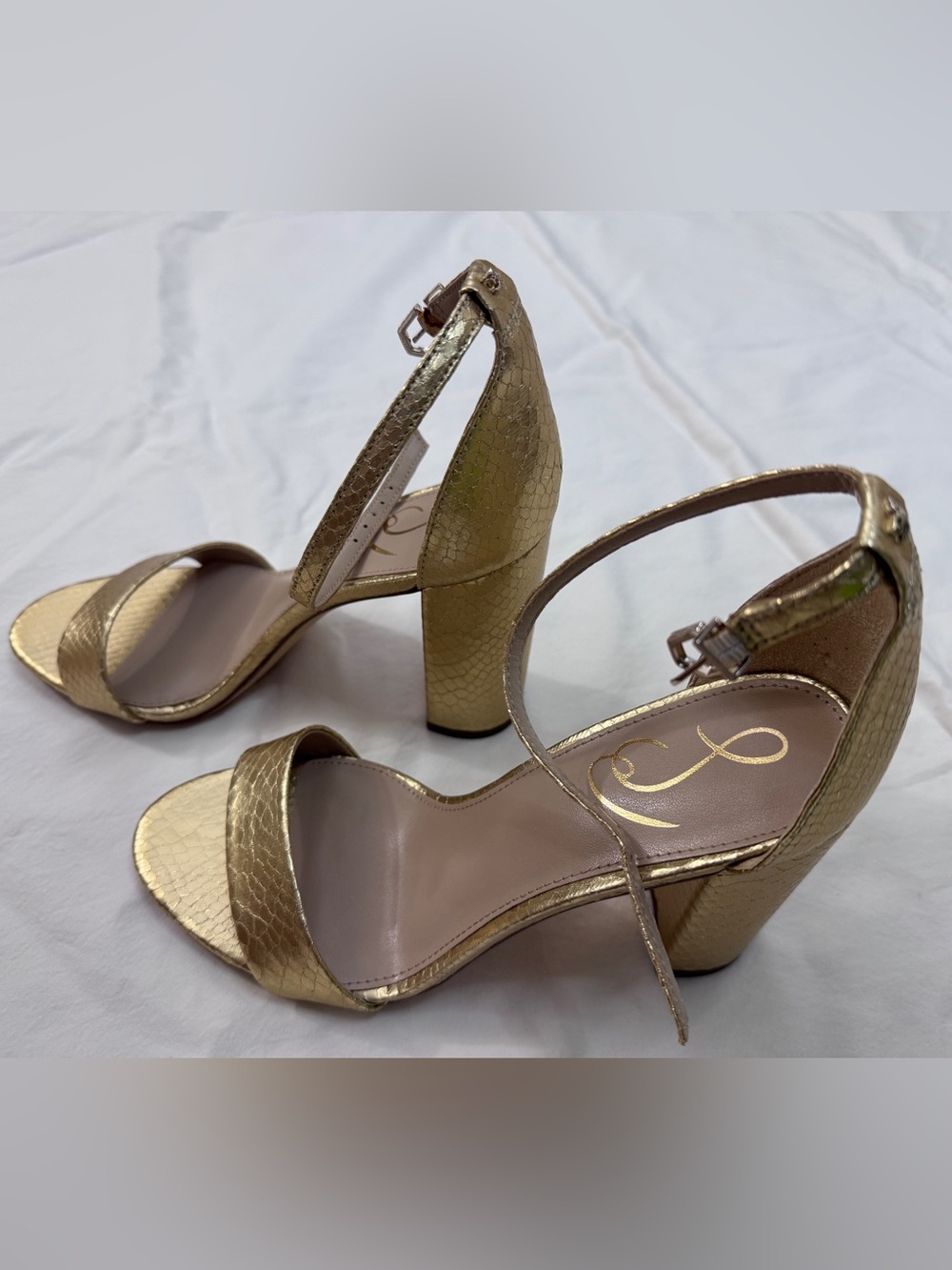Gold open toe heels